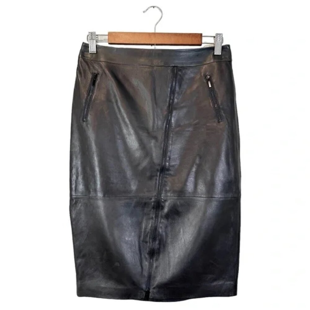 Classiques Entier Black Leather Skirt Pencil Straight Zipper Slit Accent, Size 2